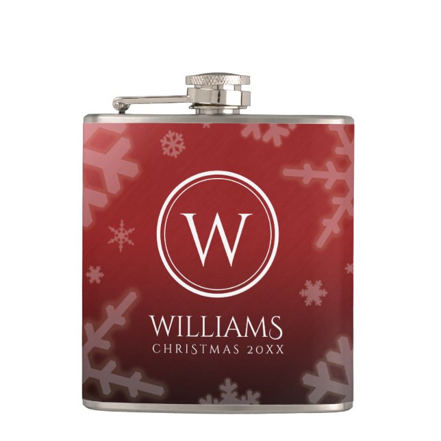 Festive Red Foil Snowflakes Monogram Name Flask (Front)