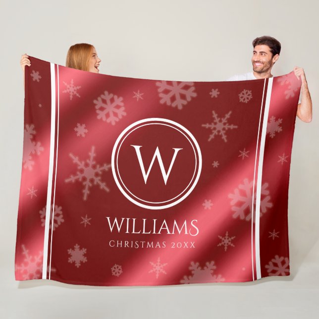Festive Red Foil Snowflakes Monogram Name Fleece Blanket (In Situ)