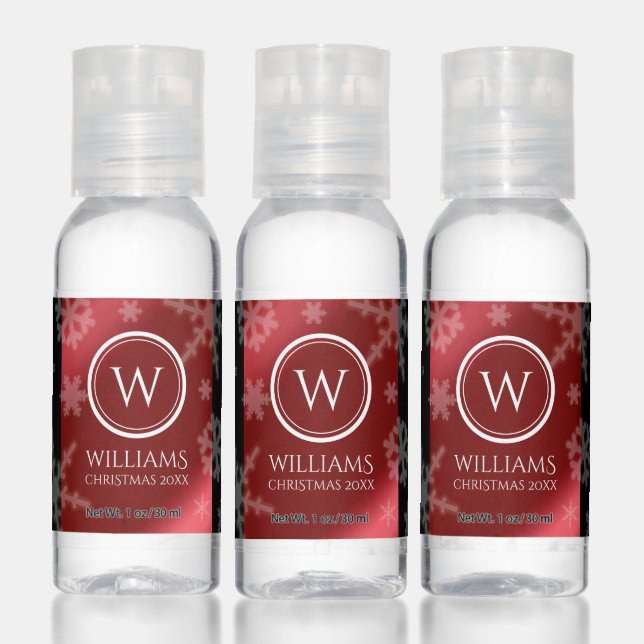 Festive Red Foil Snowflakes Monogram Name Hand Sanitizer (Set)