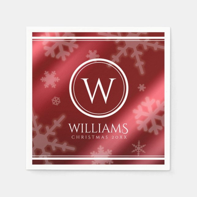 Festive Red Foil Snowflakes Monogram Name Napkins (Front)