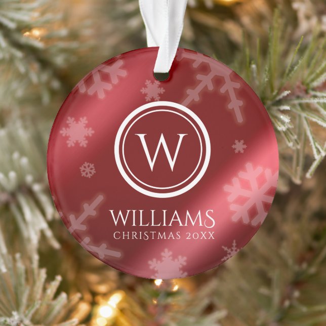 Festive Red Foil Snowflakes Monogram Name Ornament (Tree)