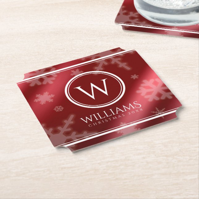 Festive Red Foil Snowflakes Monogram Name Paper Coaster (Angled)