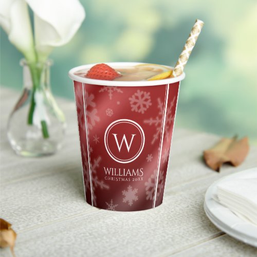 Festive Red Foil Snowflakes Monogram Name Paper Cups