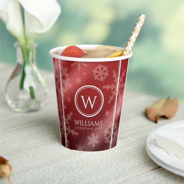 Festive Red Foil Snowflakes Monogram Name Paper Cups (Insitu)