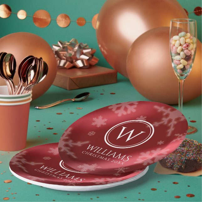 Festive Red Foil Snowflakes Monogram Name Paper Plates (Multi)