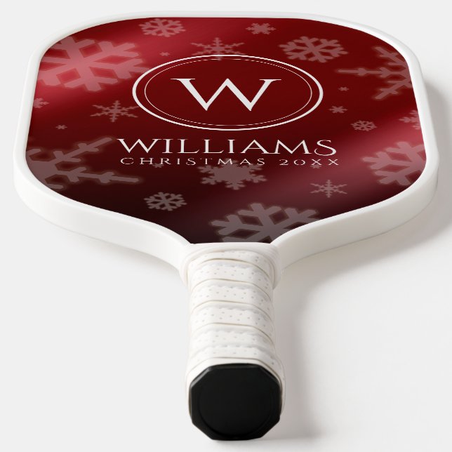 Festive Red Foil Snowflakes Monogram Name Pickleball Paddle (Laydown)