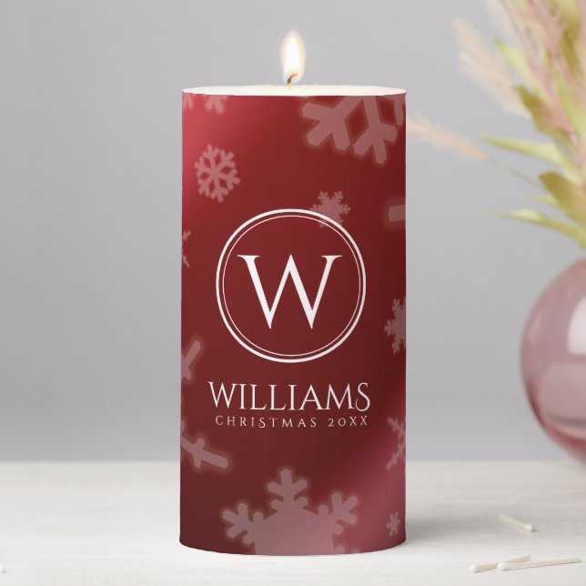 Festive Red Foil Snowflakes Monogram Name Pillar Candle (In Situ)