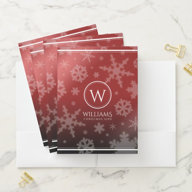 Festive Red Foil Snowflakes Monogram Name Pocket Folder (In Situ)