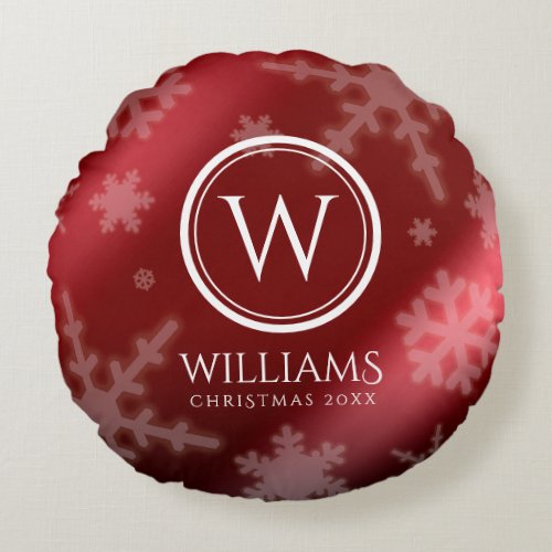 Festive Red Foil Snowflakes Monogram Name Round Pillow