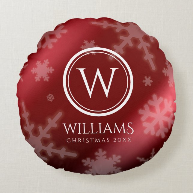 Festive Red Foil Snowflakes Monogram Name Round Pillow (Front)