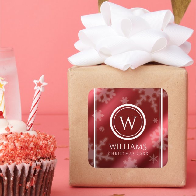 Festive Red Foil Snowflakes Monogram Name Square Sticker (Party)