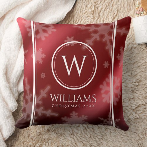 Festive Red Foil Snowflakes Monogram Name Throw Pillow