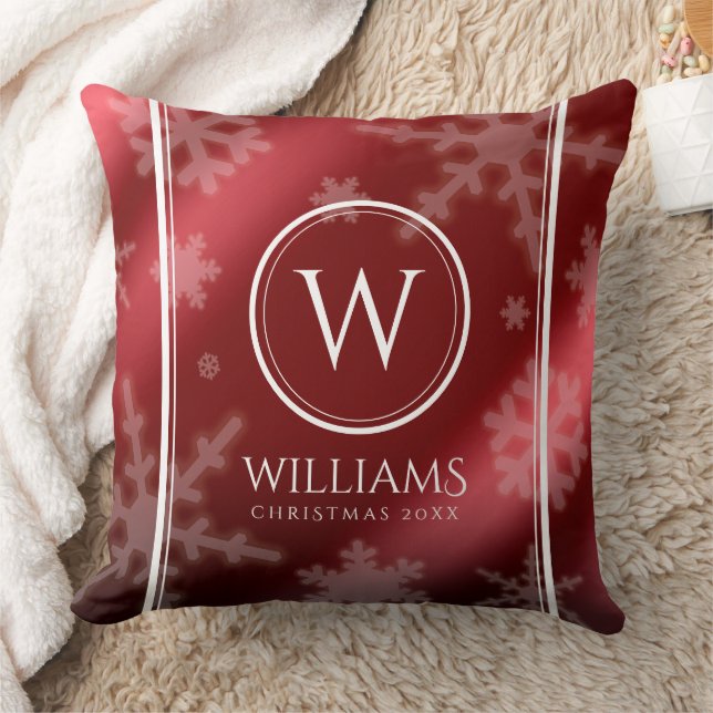 Festive Red Foil Snowflakes Monogram Name Throw Pillow (Blanket)