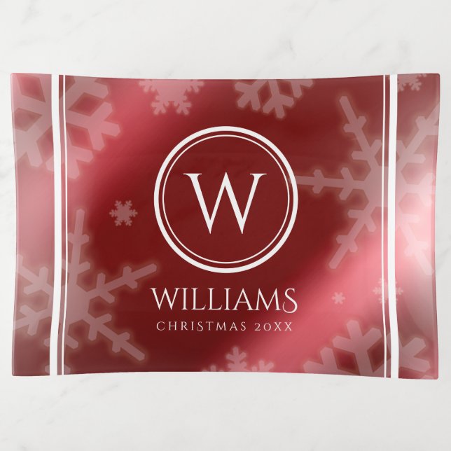 Festive Red Foil Snowflakes Monogram Name Trinket Tray (Front)