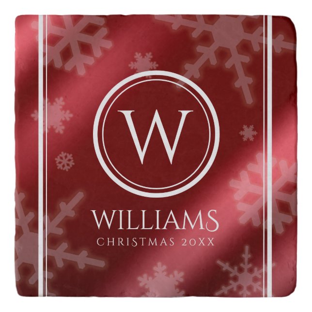 Festive Red Foil Snowflakes Monogram Name Trivet (Front)