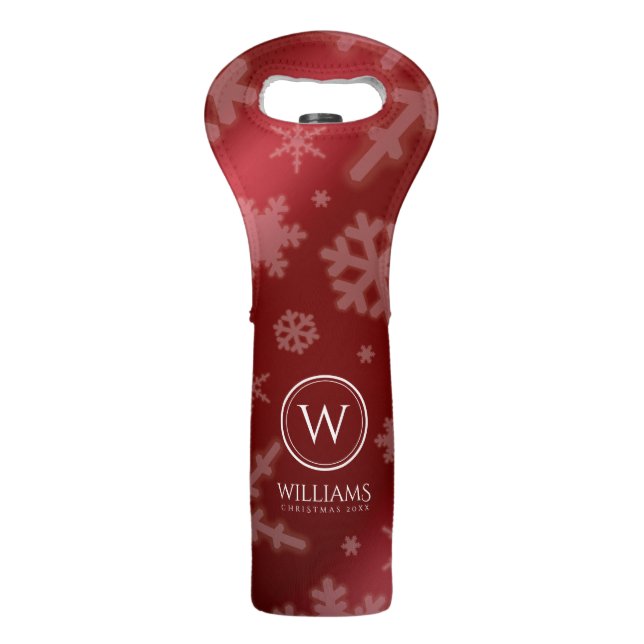Festive Red Foil Snowflakes Monogram Name Wine Bag (Front)