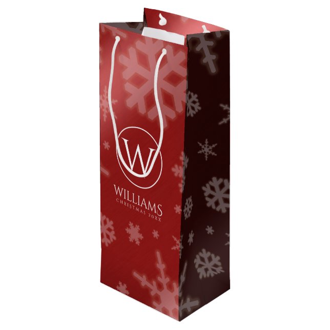 Festive Red Foil Snowflakes Monogram Name Wine Gift Bag (Back Angled)