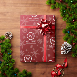 Festive Red Foil Snowflakes Monogram Name Wrapping Paper