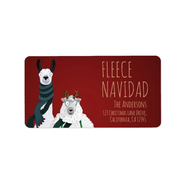 Festive Red Funny Llama & Sheep ‘Fleece Navidad’  Label (Front)
