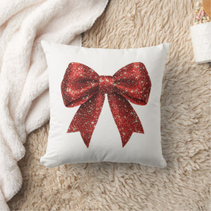 Festive Red Glitter Coquette Bow Throw Pillow