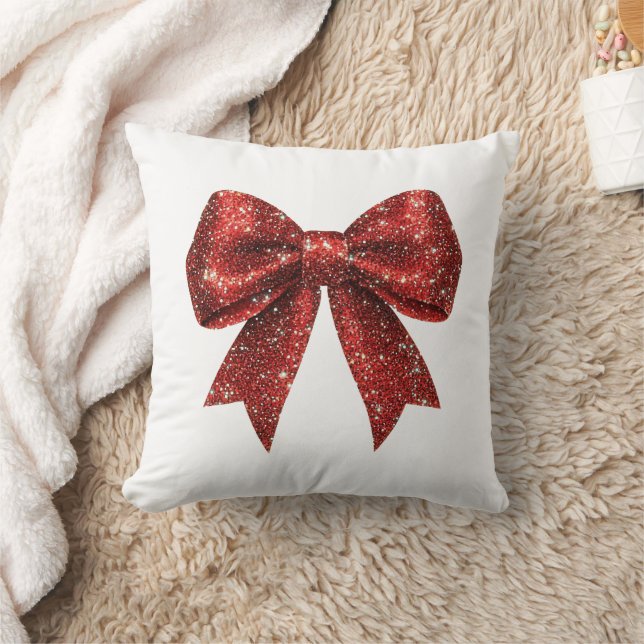 Festive Red Glitter Coquette Bow Throw Pillow (Blanket)