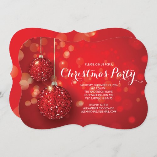 Festive Red Glitter Ornament Christmas Party Invitation