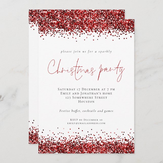 Festive Red Glitter Script Christmas Party Invitation (Front/Back)