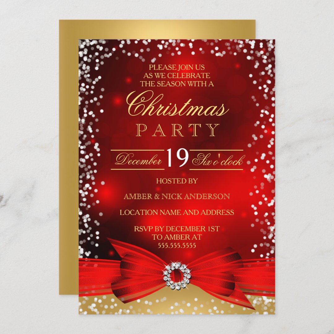 Festive Red Gold Bow Christmas Party Invitation | Zazzle