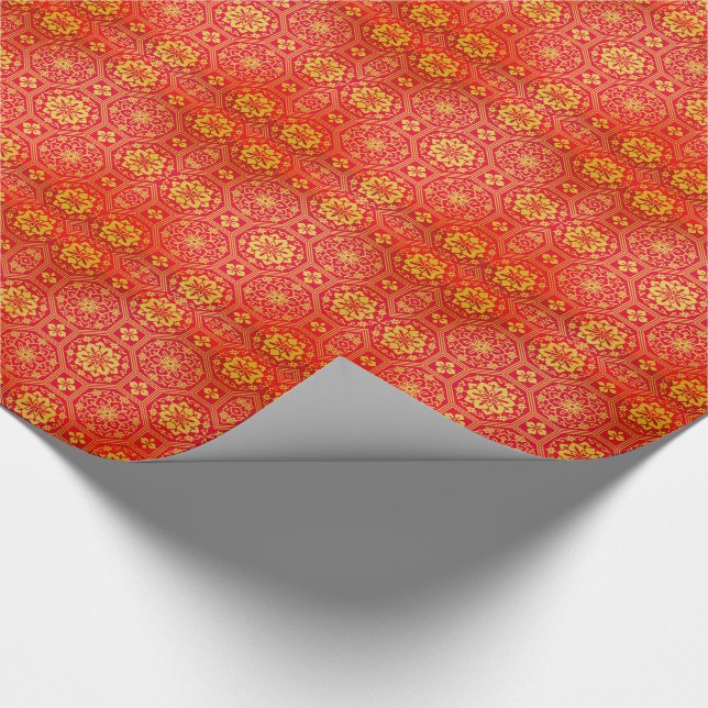 Festive Red Gold Chinese Auspicious Pattern Wrapping Paper (Corner)