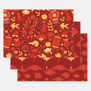 Festive Red & Gold Chinese New Year Icons Wrapping Paper Sheets