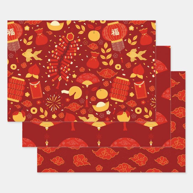 Festive Red & Gold Chinese New Year Icons Wrapping Paper Sheets (Set)