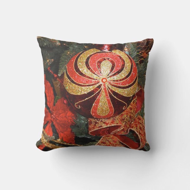 Festive Red Gold Christmas Ornament & Poinsettia Outdoor Pillow (Front)