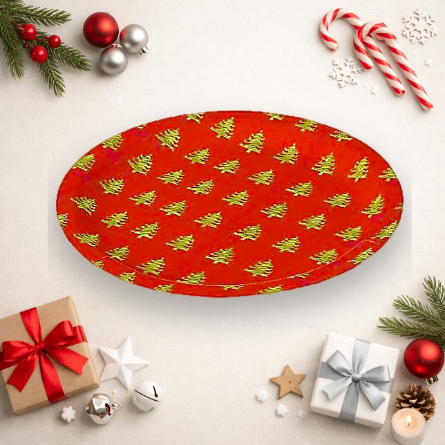 Festive Red Gold Christmas Tree Pattern Paper Plates (Creator Uploaded)
