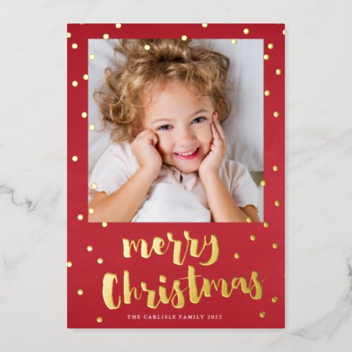 Festive Red  Gold Confetti Merry Christmas Photo Foil Holiday Card