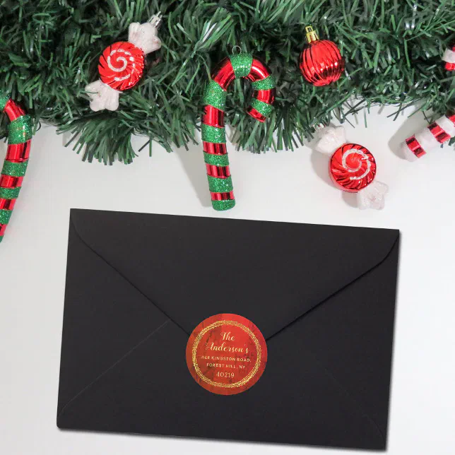 Red Return Sticker Festive Red & Gold Custom Return Address Classic Round Sticker | Zazzle