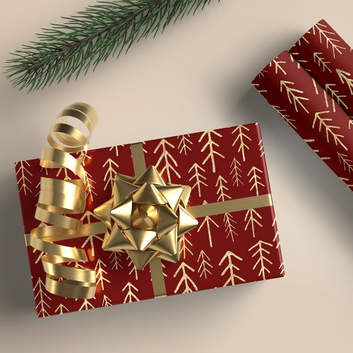 Festive Red Gold Foil Tree Pattern Wrapping Paper