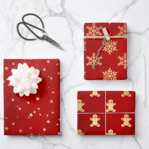 Festive Red & Gold Foil Winter Christmas Patterns Wrapping Paper Sheets