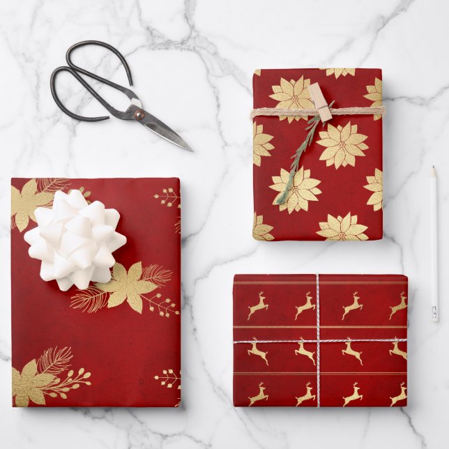 Festive Red & Gold Foil Winter Christmas Patterns  Wrapping Paper Sheets (Front)
