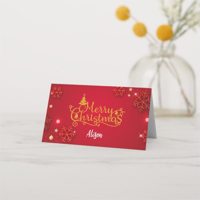 Festive Red & Gold Folded Place Card (Personalize) (Front)