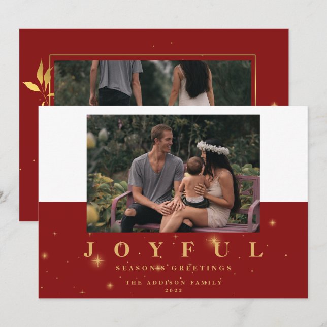 Festive Red & Gold Joyful Two Picture Christmas Holiday Card (Front/Back)