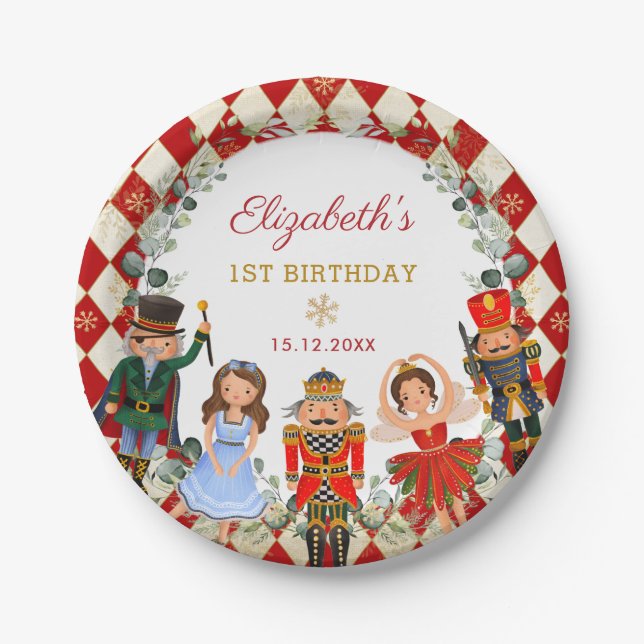 Festive Red Gold Nutcracker Birthday Holiday Party Paper Plates (Front)