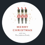 Festive Red & Gold Nutcracker Christmas Classic Round Sticker<br><div class="desc">Add a touch of holiday cheer to your packages, letters, and gifts with our stunning Merry Christmas Classic Round Stickers! Featuring a hand-painted watercolor design of timeless red and gold nutcrackers, complete with faux gold glitter accents. Easily personalize with our customizable template for a unique touch. Perfect for special mailings,...</div>