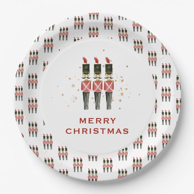 Festive Red & Gold Nutcracker Christmas Paper Plates (Front)