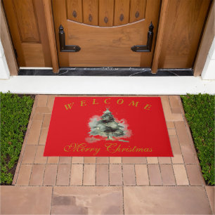 Festive Red Gold Welcome Merry Christmas Doormat