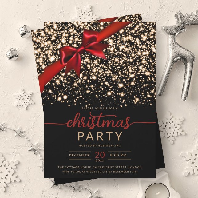 Festive Red Gold Winter Shiny Stars Company Xmas  Invitation (Festive Red Gold Winter Shiny Stars Company Xmas Invitation)