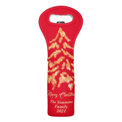 Festive Red Golden Merry Christmas Wine Tote