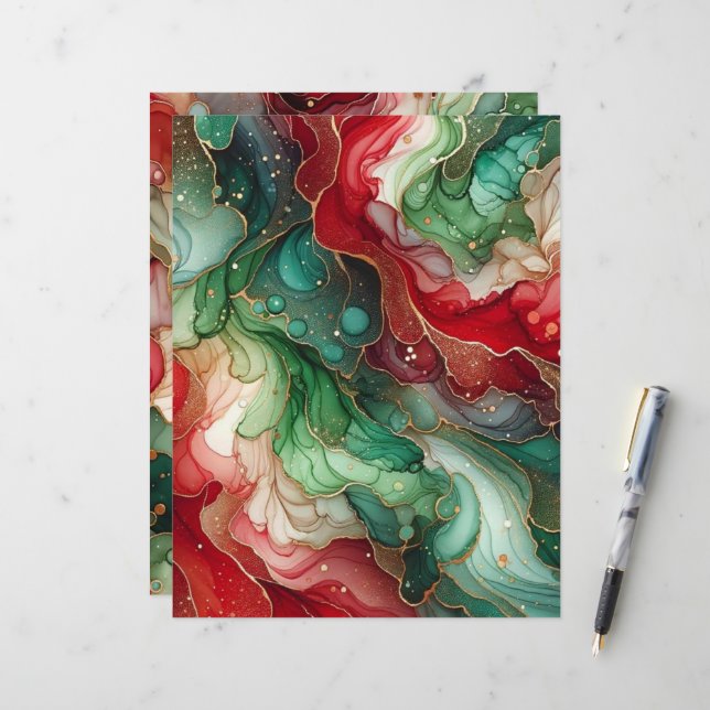 Festive Red & Green Alcohol Ink Scrapbook Paper (Front/Back In Situ)