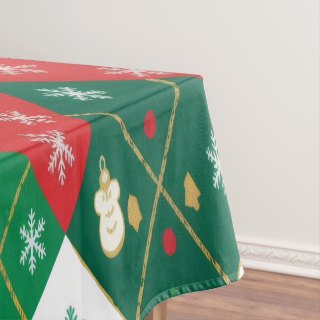Festive Red & Green Argyle Cheer Christmas Tablecloth (In Situ)