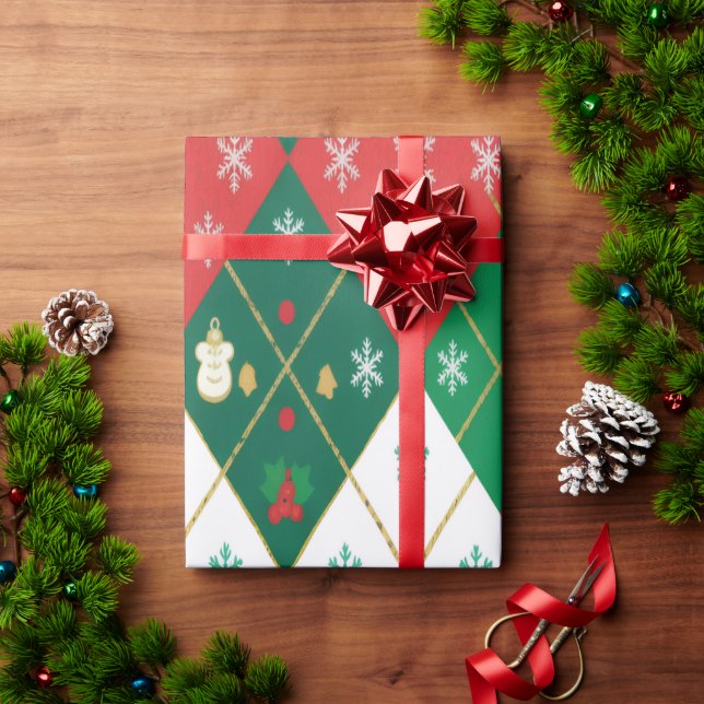 Festive Red & Green Argyle Cheer Christmas Wrapping Paper (Holiday Gift)