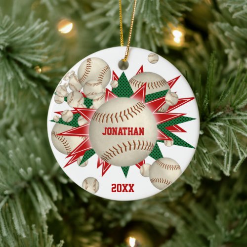 festive red green baseball softball blowout ceramic ornament